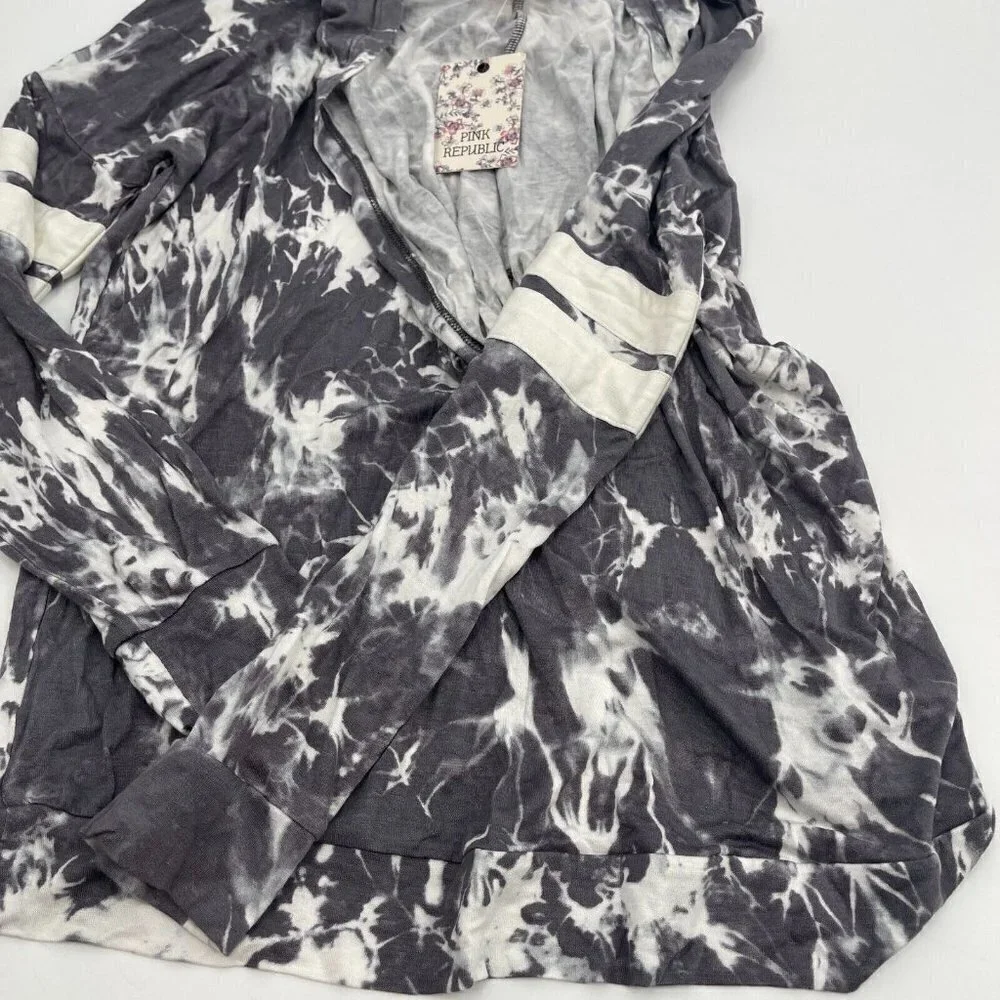 Pink Republic Hoodie Medium Womens Tie Dye Pullover Grey White Causal Knit New